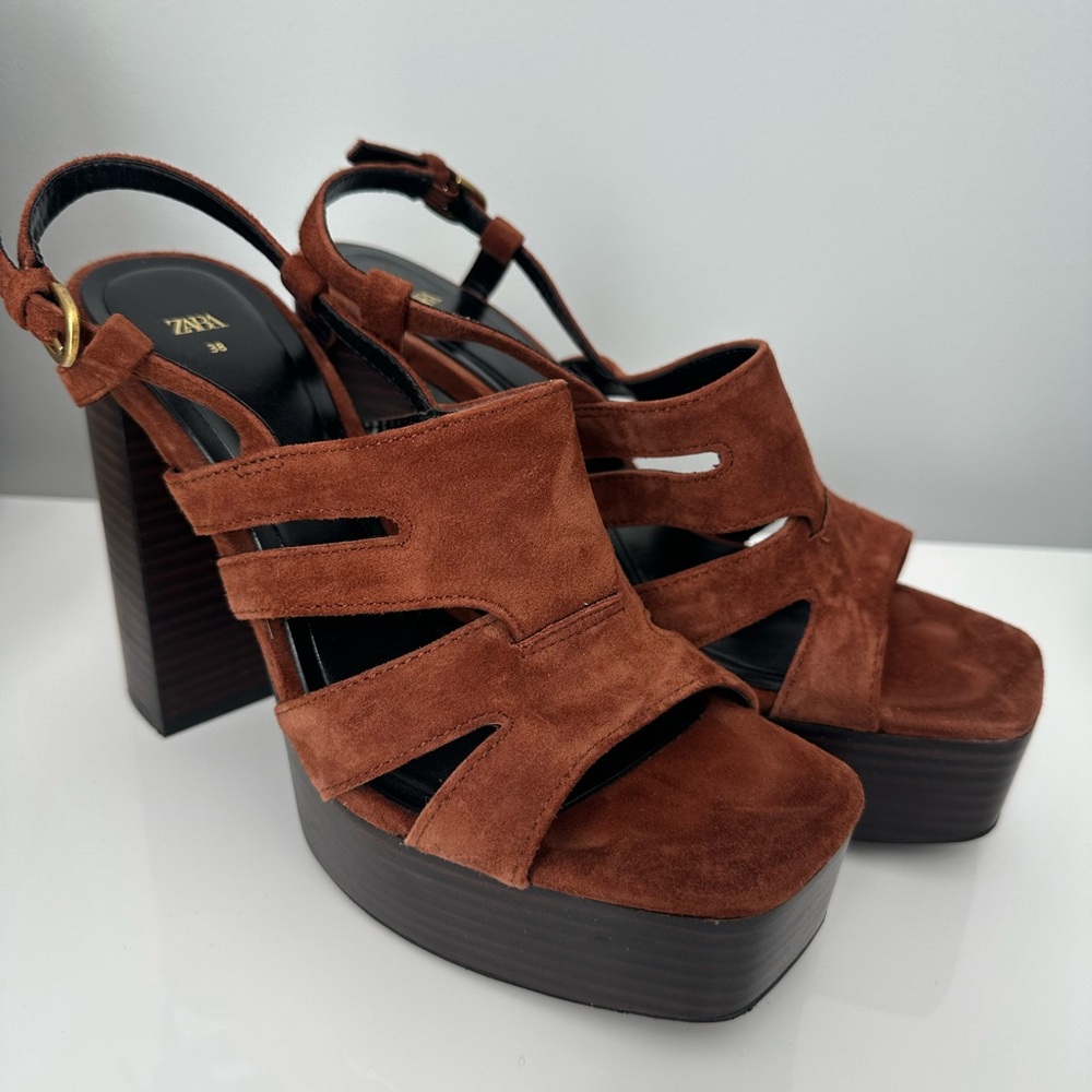 Zara Brown Platform Chunky Heel Sandals